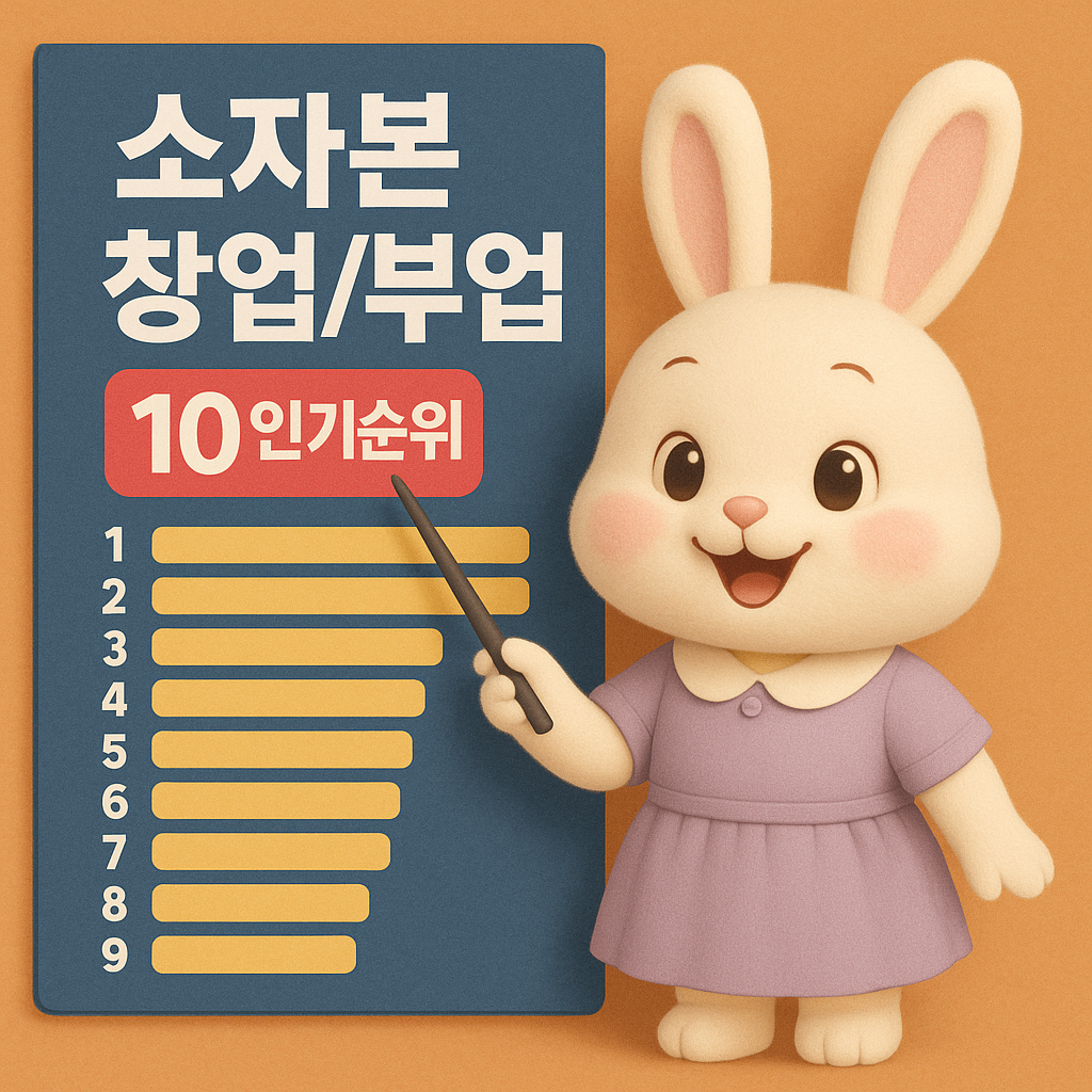 소자본 창업/부업 인기순위 탑10을 발표하는 토끼 캐릭터