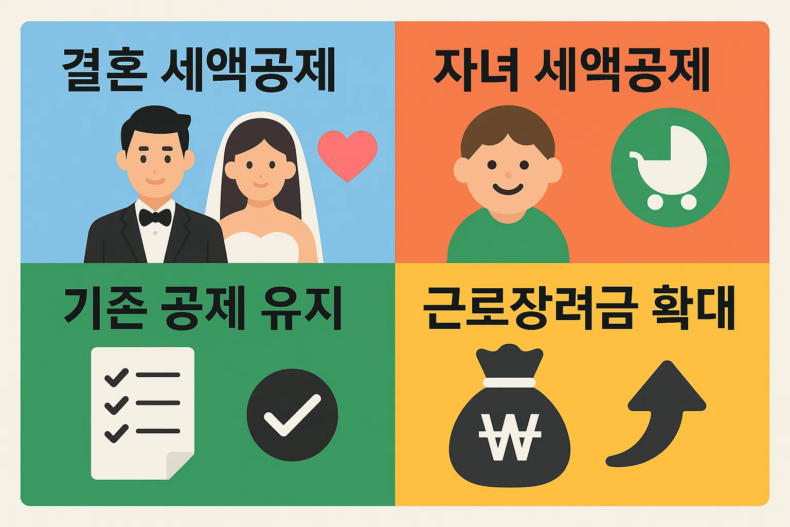 결혼 세액공제, 자녀 세액공제, 기존 공제 유지, 근로장려금 확대 등 신혼부부가 받을 수 있는 소득공제와 세액공제 항목을 비교 정리한 인포그래픽입니다.