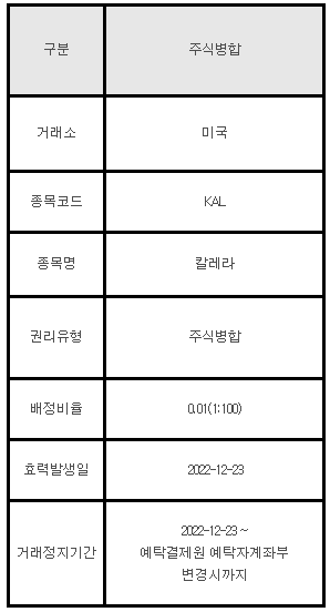 미국주식 주식병합 안내 KAL