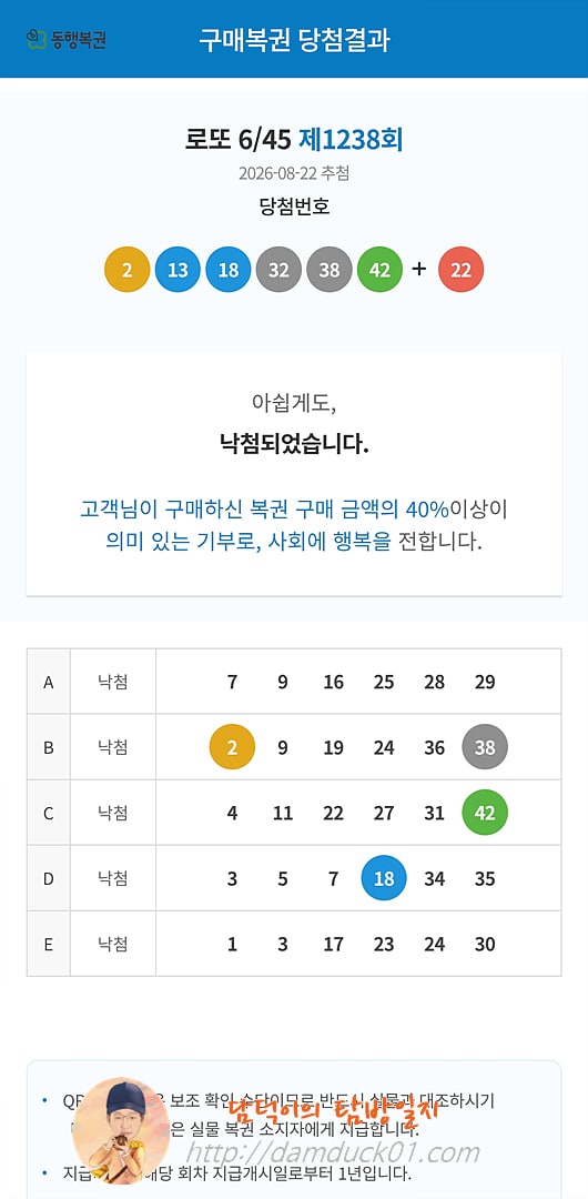 로또 6/45 제1238회 결과