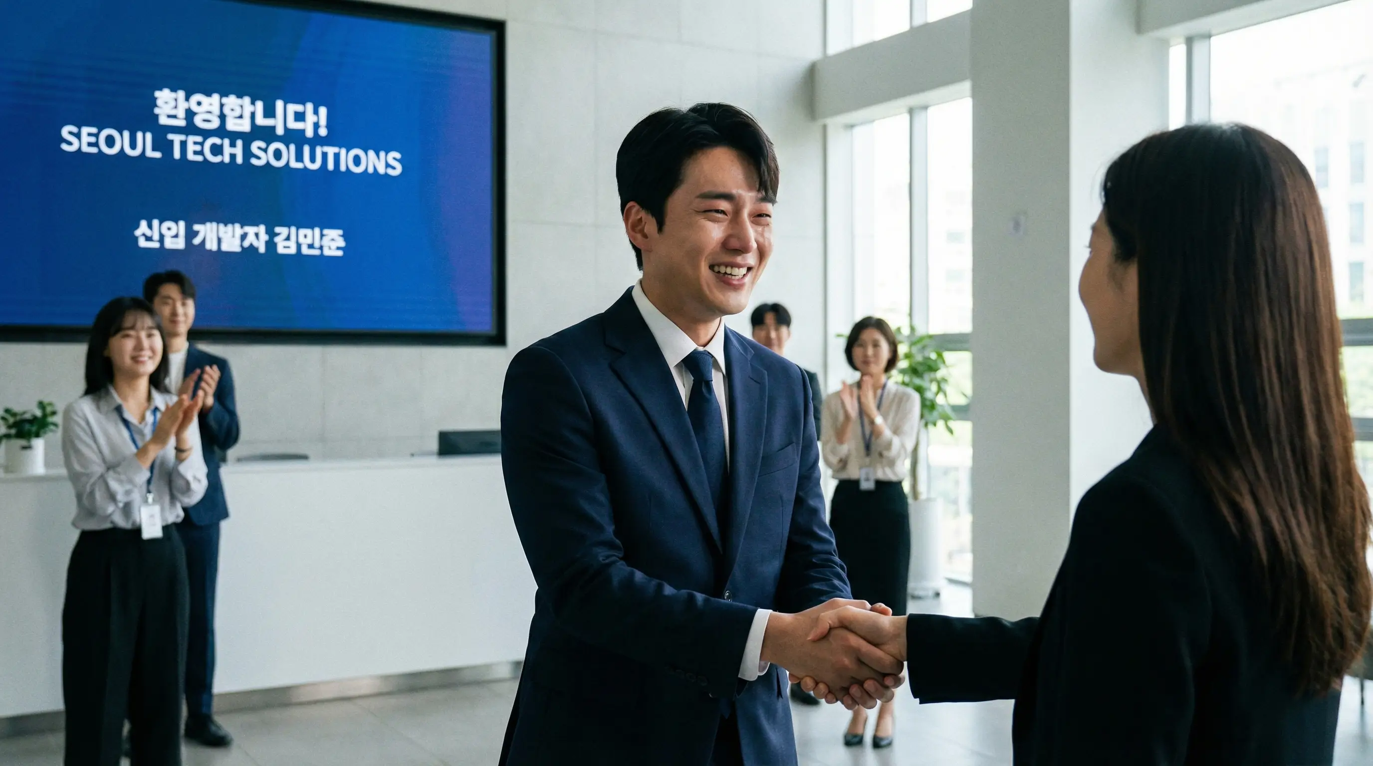 말끔한 정장을 입고 면접관과 악수하며 취업 성공을 기뻐하는 신입 개발자의 모습