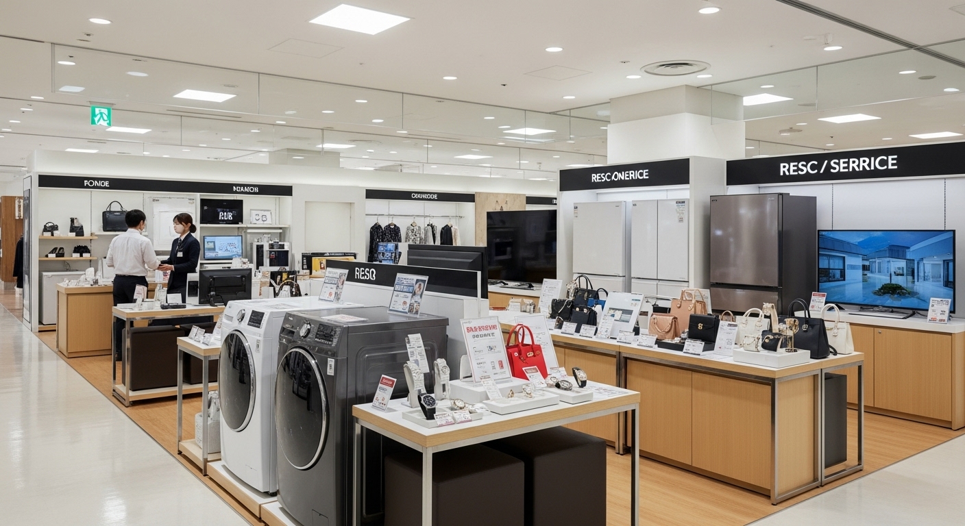 백화점 매장 내 전문적으로 검수된 중고 가전제품과 명품이 전시된 모습