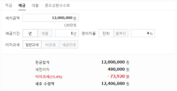 금리 4% 예금 거치 이자결과
