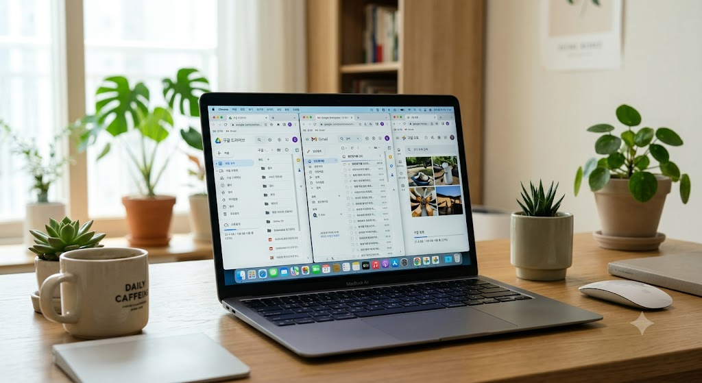 노트북 화면에 구글 드라이브, Gmail, 구글 포토 세 가지 탭이 나란히 열려 있는 모습. 각 서비스의 용량 현황이 보이는 화면 구성, 깔끔하고 밝은 실내 배경.