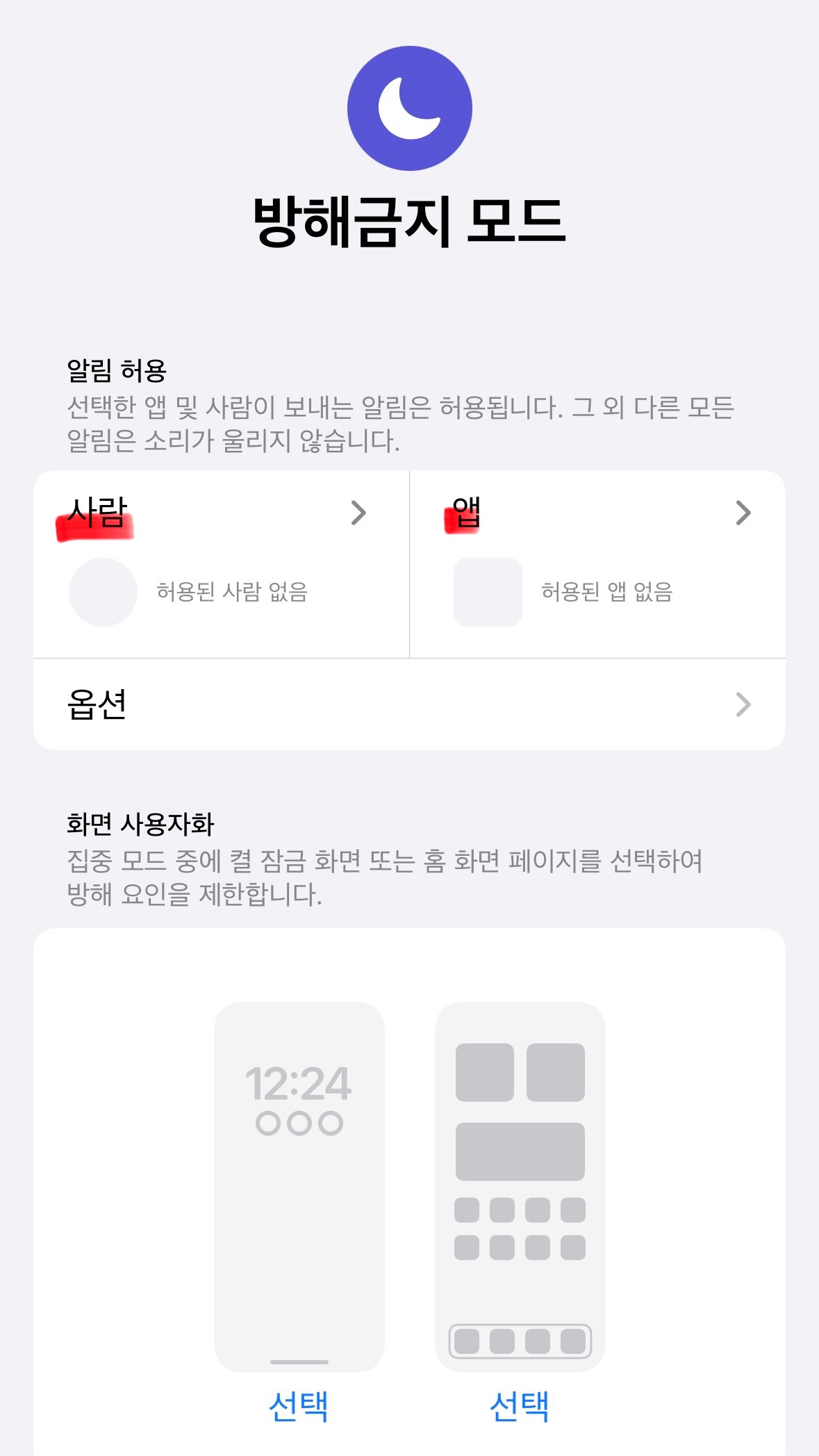 아이폰 방해 금지 모드 세부 설정 사항 중에 일부 허용 하는 방법