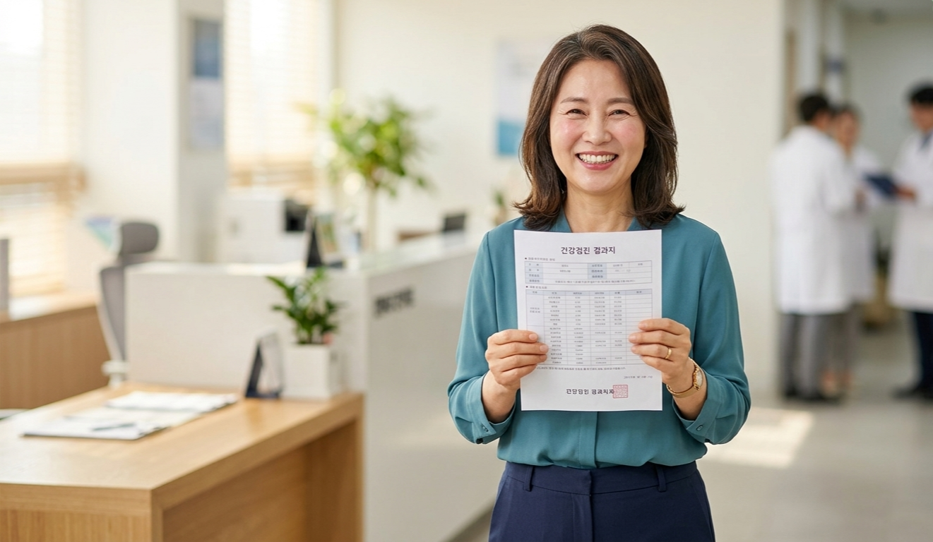 건강검진 결과지를 들고 있는 중년 여성과 당화혈색소 정상수치 건강 관리 이미지