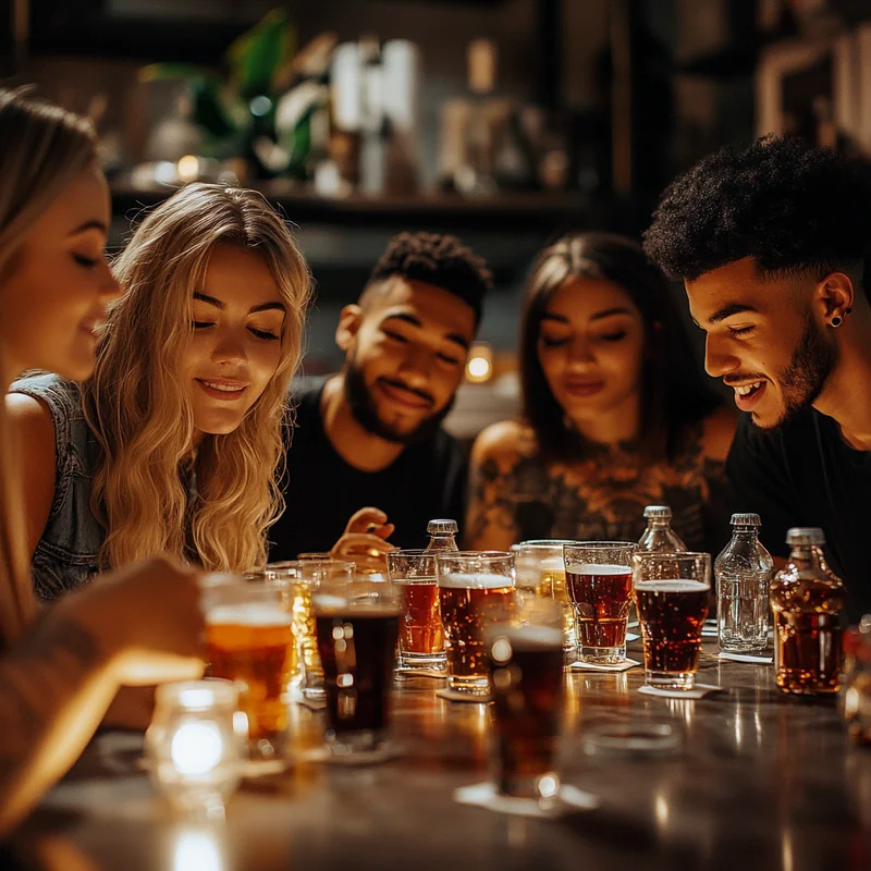 2025년 콜라 종류별 추천을 위해 20~30대가 블라인드 시음회를 도시적인 분위기에서 진행하며 다양한 색상의 콜라와 유리잔이 테이블에 배열되어 있다. 비교 시음, 젊은층, 트렌드, 새로운 콜라 경험, 소셜 활동을 강조한다.