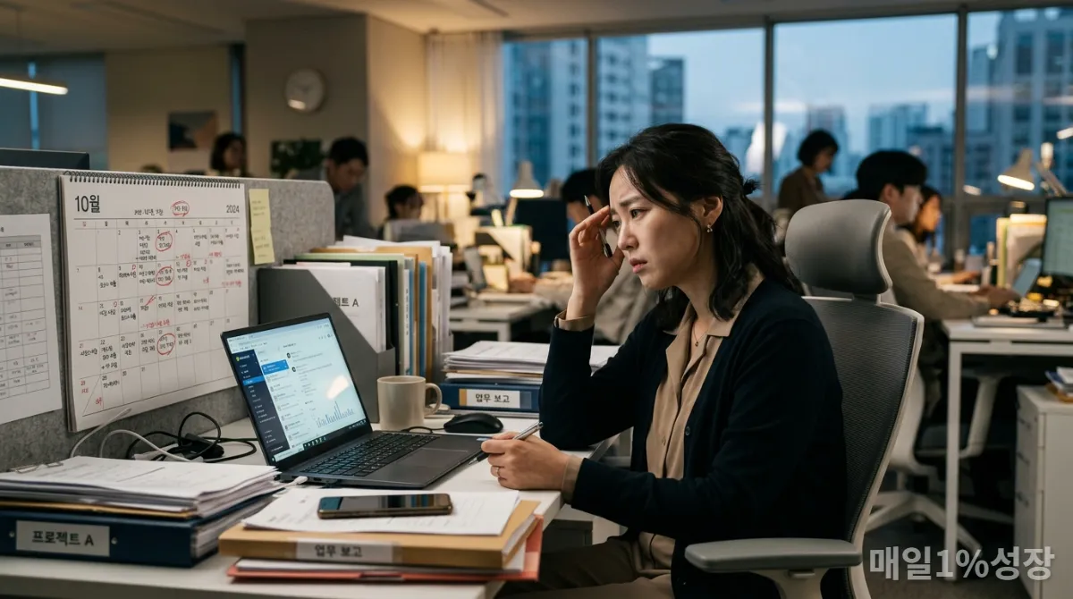 업무 압박감에 지쳐 번아웃 증후군을 겪는 듯한 한국인 직장인