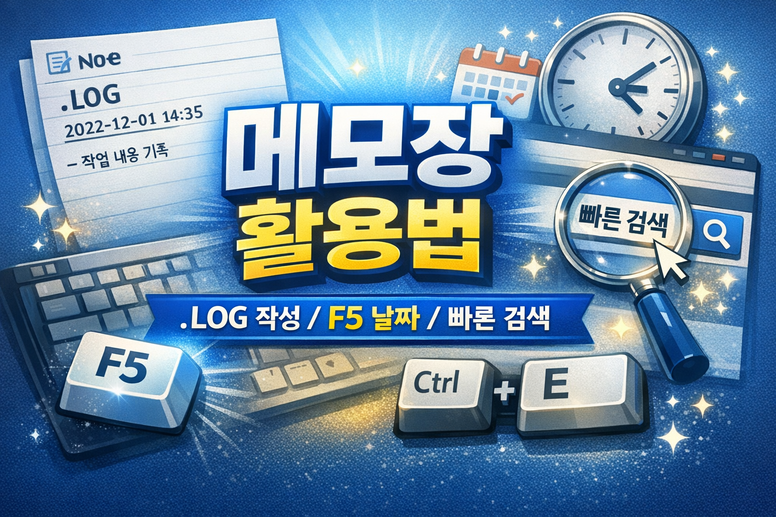 윈도우 메모장( Notepad )에서 F5 날짜/시간 입력, .LOG 자동 로그, 선택 텍스트 빠른 검색 등 자주 쓰는 꿀팁을 실무 기준으로 깔끔하게 정리했습니다