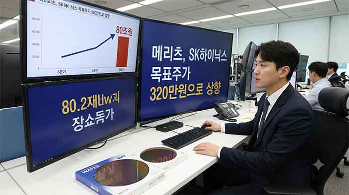 모니터의 실적 상승 그래프를 보는 증권사 분석가의 모습.