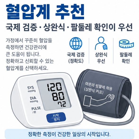 혈압계 추천과 상완식 자동혈압계 블루투스 넓은 커프 휴대형 선택 기준을 보여주는 건강기기 이미지