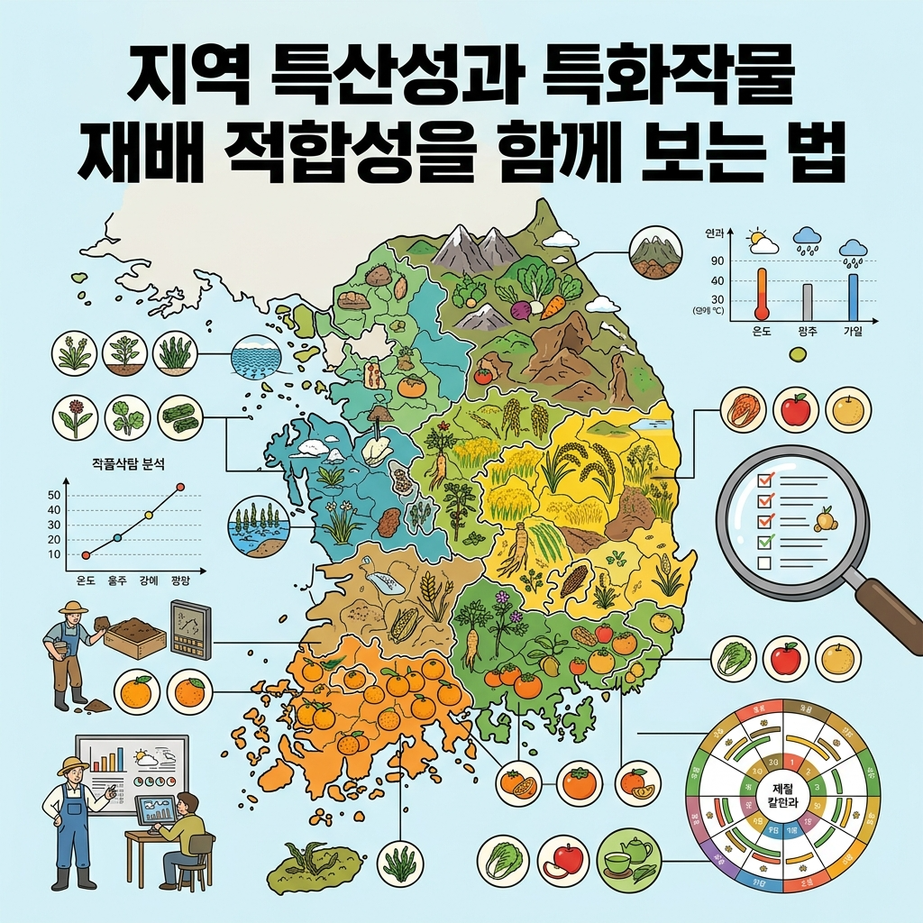지역 특산성과 특화작물 재배 적합성을 함께 보는 법을 시각적으로 표현한 일러스트