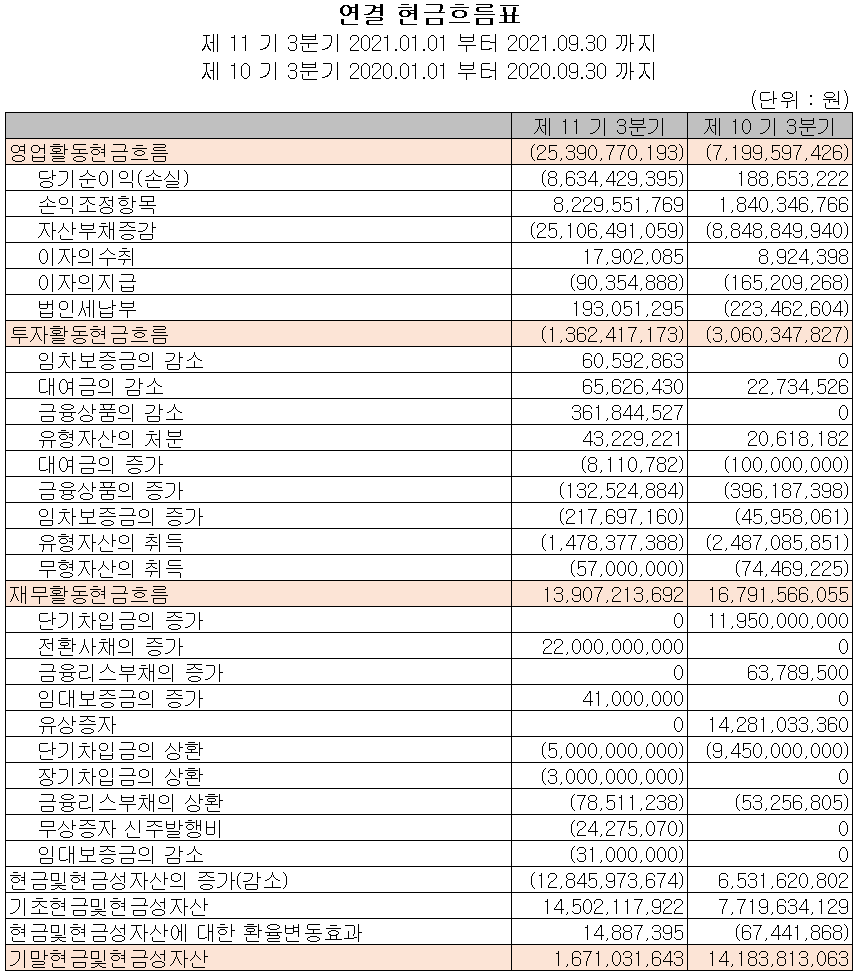 티에스아이 2021년 3분기 현금흐름표