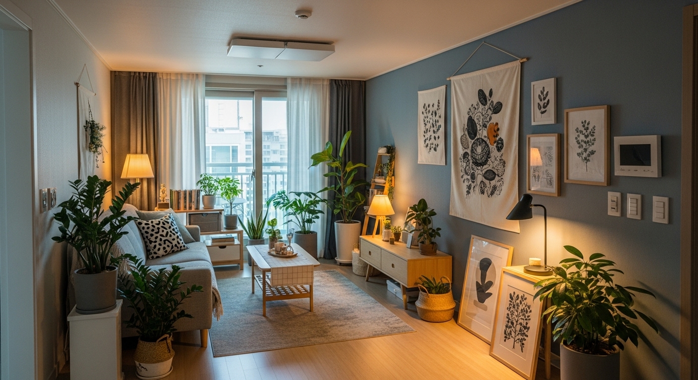 50만원 예산으로 아늑하고 세련되게 꾸며진 월세집 거실의 모습. 간접 조명과 식물들이 공간에 온기를 더하며, 탈부착 가능한 벽 장식으로 개성을 살린 모습.