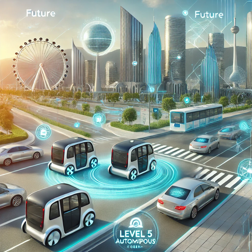 래 도시에서 자율주행 5단계 차량이 공유 서비스로 운영되는 모습