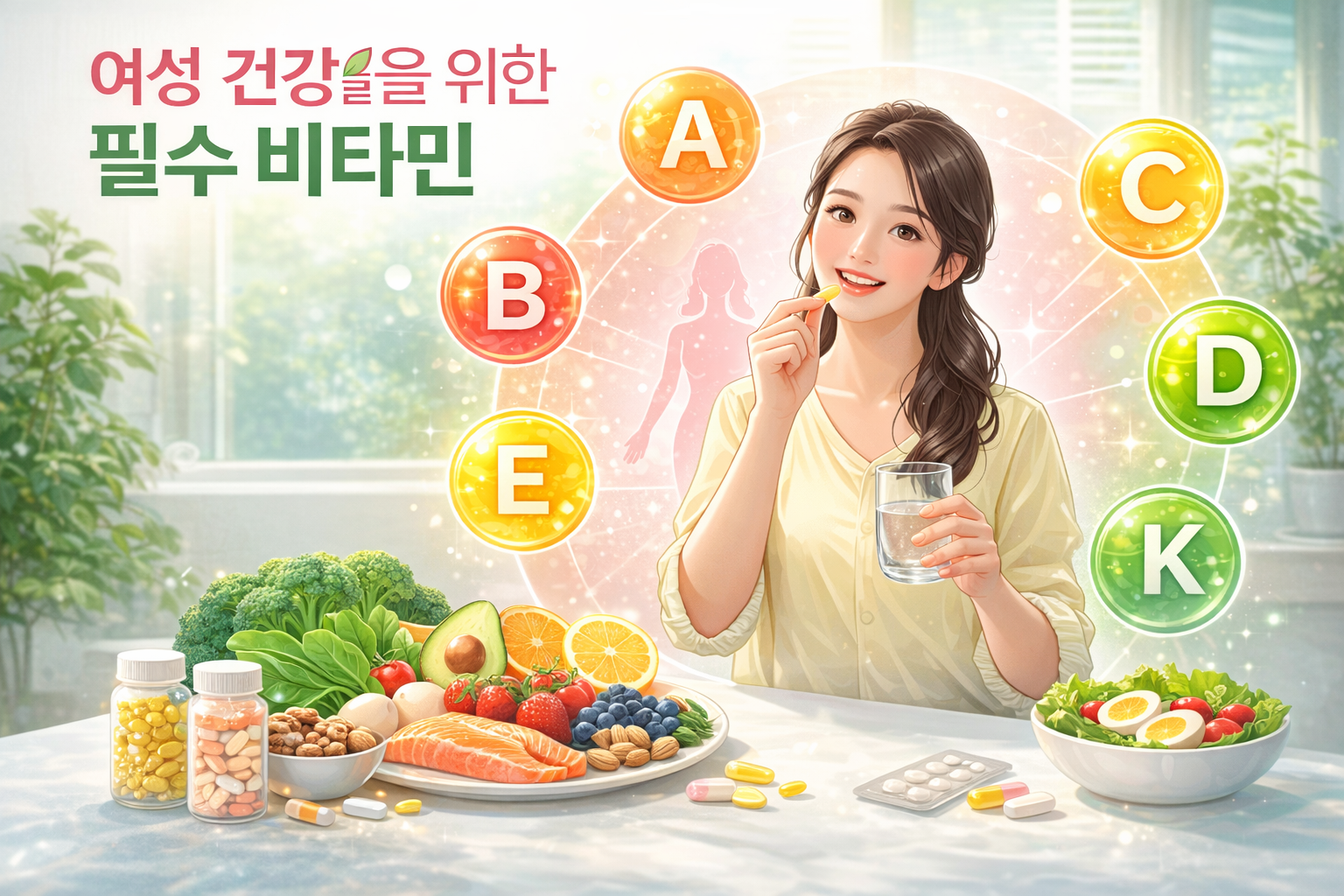 여성 건강에 필요한 비타민 A&middot;B&middot;C&middot;D&middot;E&middot;K를 음식과 보충제로 균형 있게 섭취하는 모습