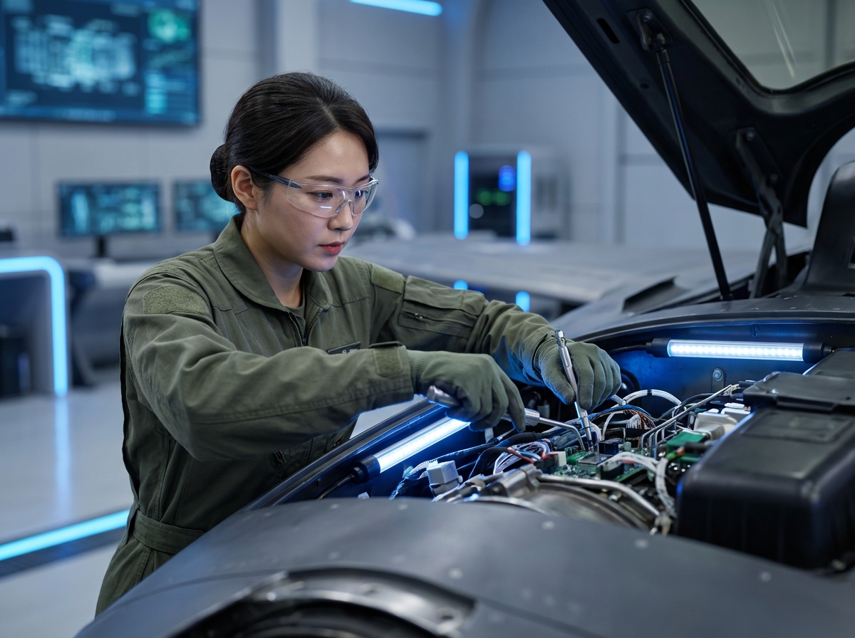 공군 정비창에서 첨단 전투기 부품을 정밀하게 점검하고 있는 여성 기술직 군무원의 모습. 고글과 작업복을 착용하고 전문 도구를 사용하는 집중된 표정.