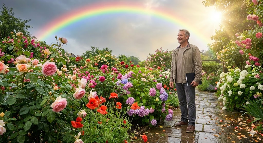 폭풍우(하락장)가 지나간 뒤, 무지개와 함께 싹이 트고 꽃이 만개하는 화단(계좌)을 바라보며 웃는 투자자의 모습