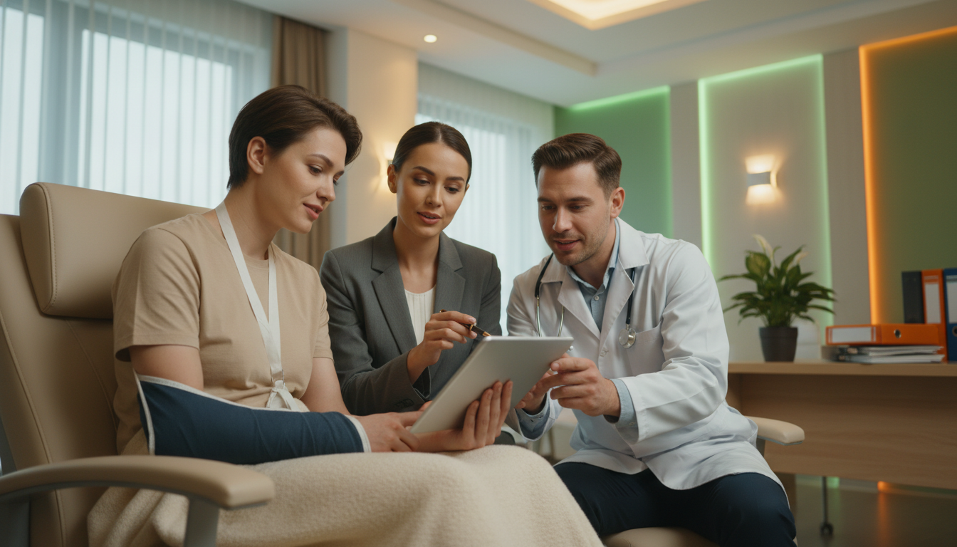 교통사고 후 병원에서 의사 또는 법률 전문가와 상담하며 보험 합의금 증액 방법을 논의하는 모습.