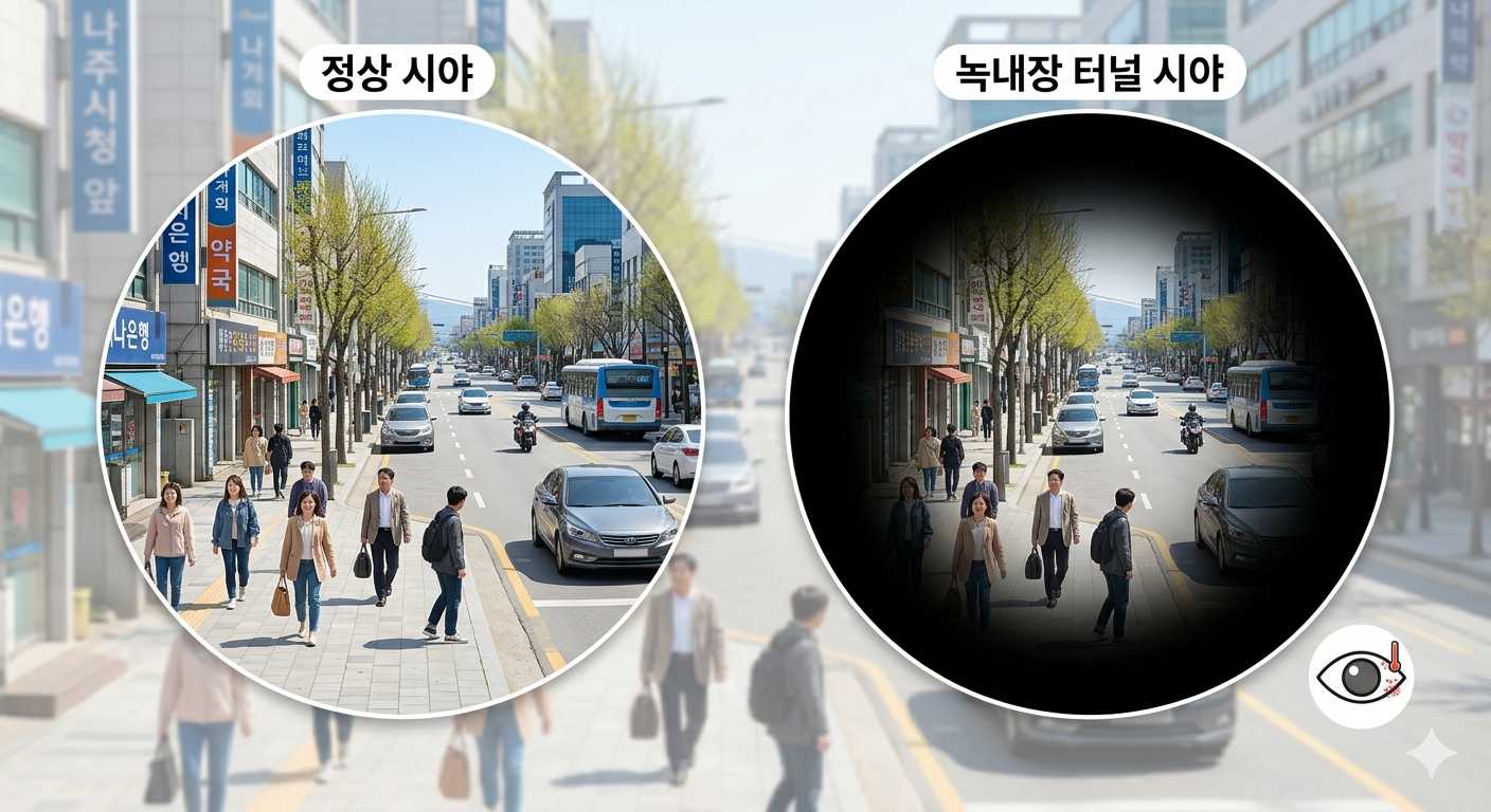 정상 시야와 녹내장 시야의 차이를 보여주는 이미지