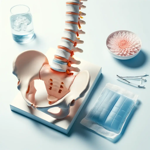 요추염좌를 상징하는 해부학 모형과 부상 부위를 강조한 일러스트