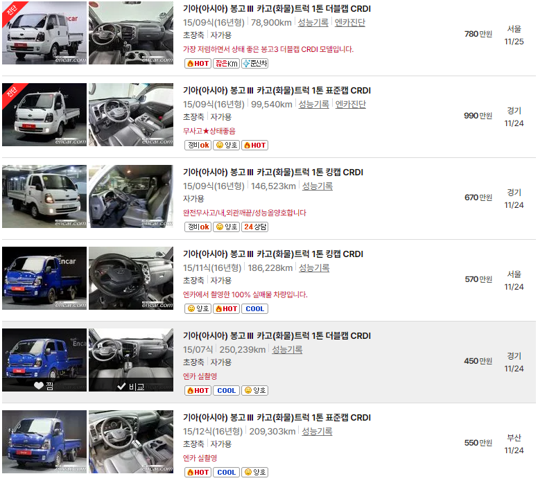 봉고3 2015년식 중고차 가격