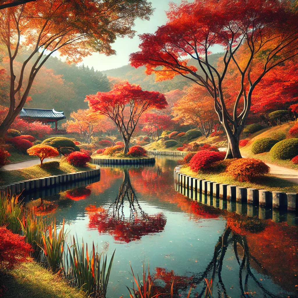 순천만 국가정원의 가을 단풍. 빨강, 주황, 노랑으로 물든 단풍나무가 고요한 연못에 반영되어 아름다운 풍경을 연출한다. 맑은 하늘과 함께 평화로운 산책로가 정원 안을 지나간다