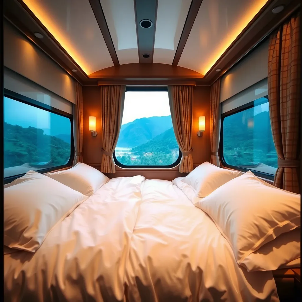 푹신한 침구와 은은한 조명이 어우러져, 여행 중에도 최상의 휴식을 취할 수 있음을 강조합니다. 창밖 풍경과 함께 포근한 분위기를 연출하여, 마치 고급 호텔에 머무는 듯한 편안함을 보여줍니다.