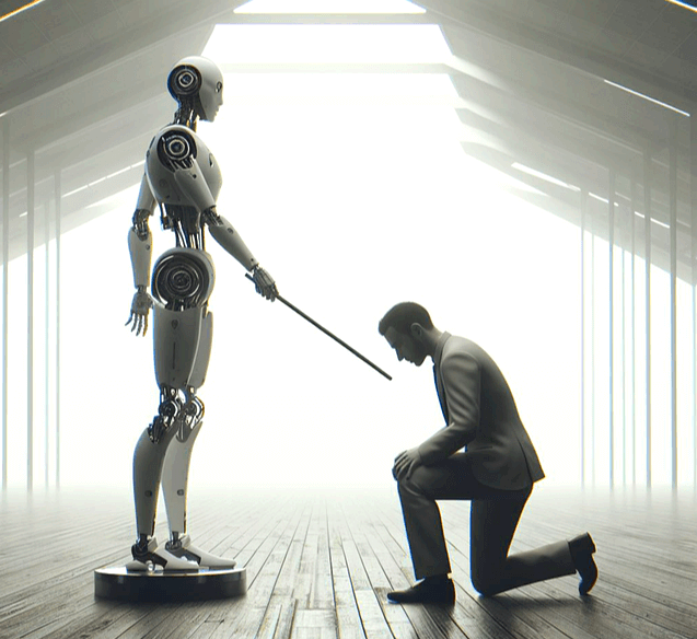 사람 모양을 한 로봇이 막대기를 들고 서 있고 그 앞에는 남자가 무릎을 꿇고 앉아있다.