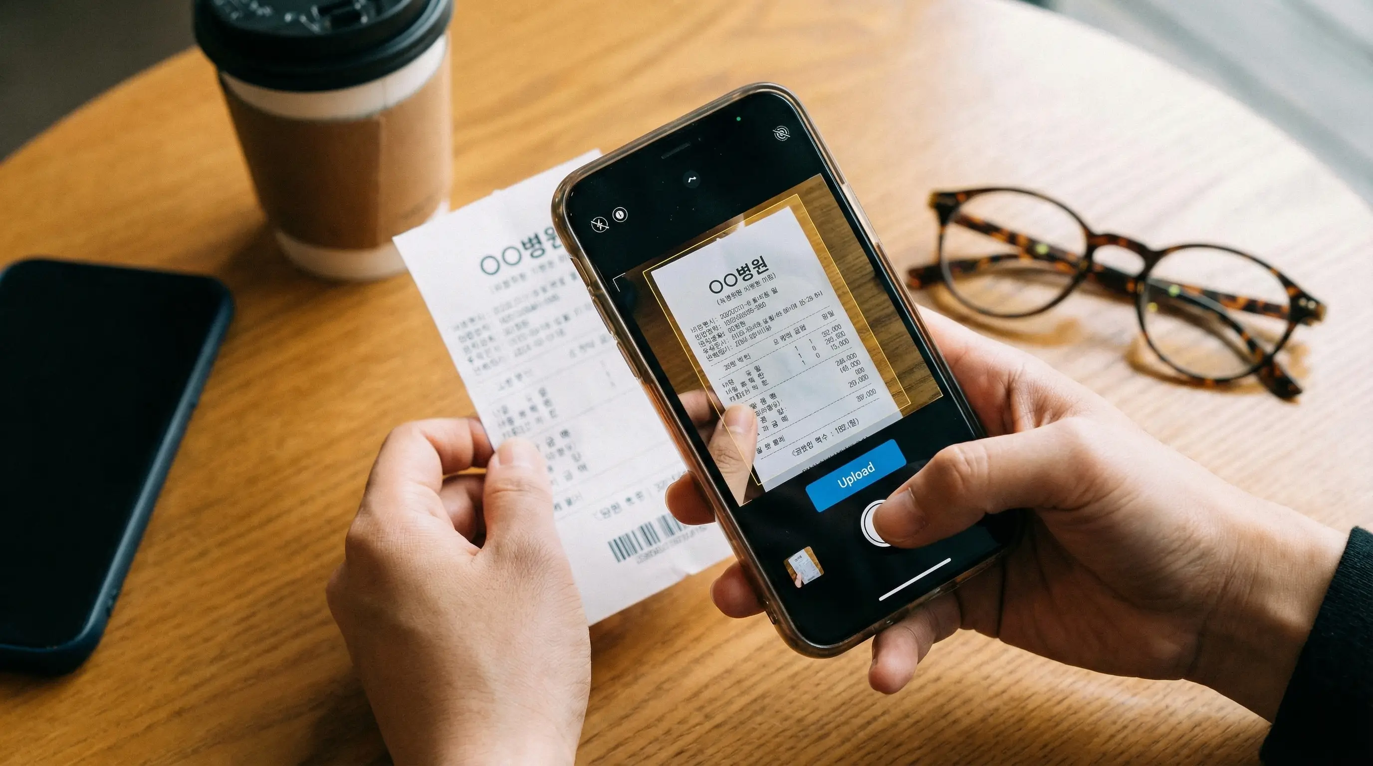 스마트폰 카메라로 병원 영수증을 촬영하여 보험금 청구 앱에 업로드하는 손