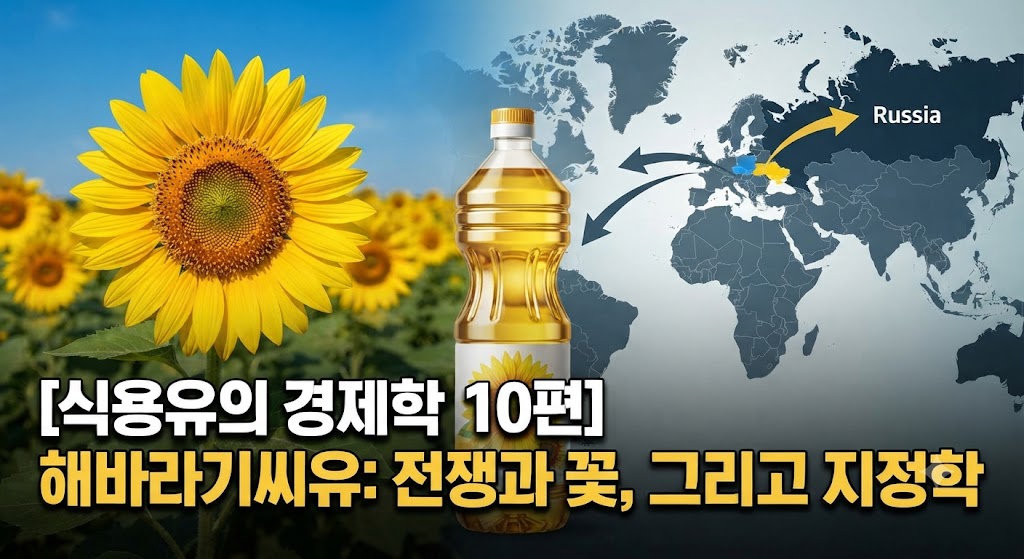 우크라이나의 국기 색상인 파란색과 노란색을 배경으로, 거대한 해바라기 꽃이 피어있습니다. 하지만 평화로운 꽃잎 뒤로 멀리 포연(연기)이 피어오르는 전장의 실루엣이 겹쳐져 있습니다. 꽃 아래로는 해바라기씨유 병이 놓여 있고, 그 위로 '전쟁이 바꾼 밥상 물가'라는 굵은 한글 텍스트가 배치되어 세렌디피티의 구조를 직관적으로 보여줍니다.