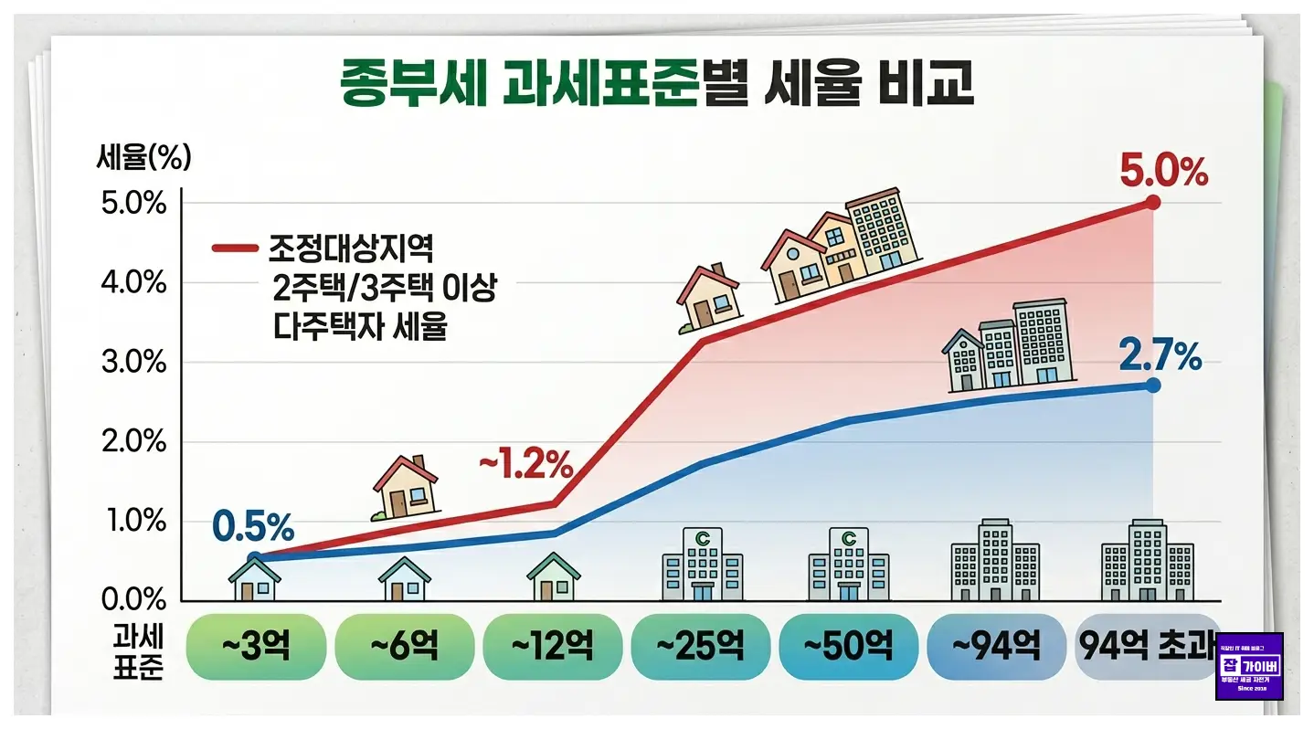 종부세 과세표준과 주택 수에 따른 세율 구조를 설명하는 이미지