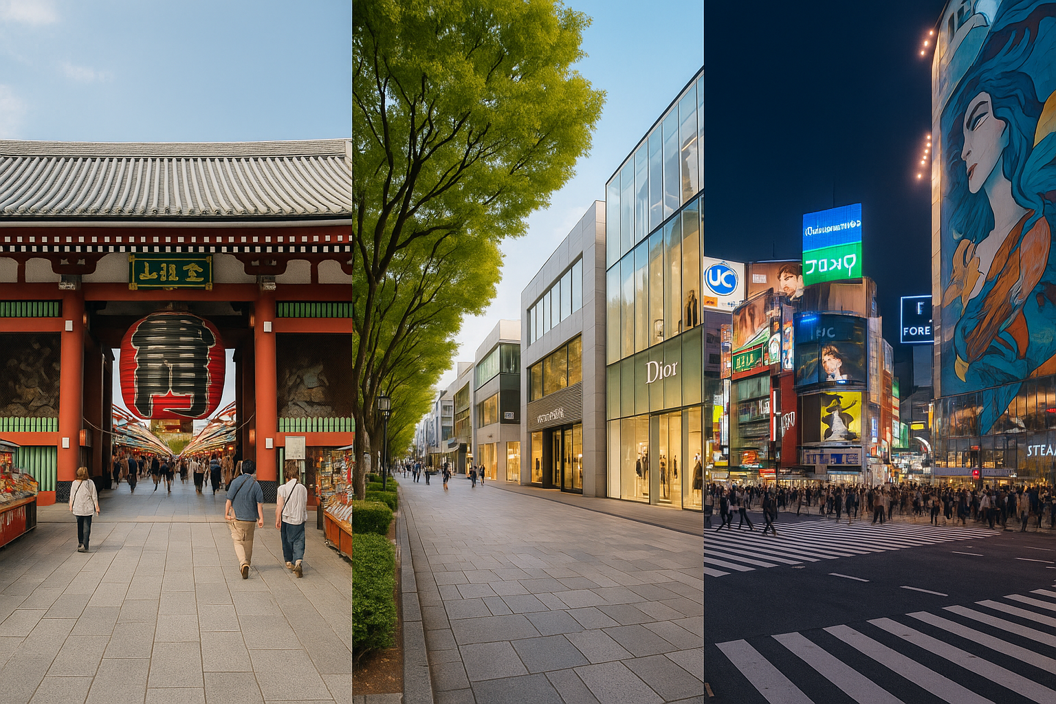 전통의 센소지와 세련된 오모테산도, 활기찬 시부야 스크램블 교차로가 한 화면에 어우러진 도쿄의 거리 풍경