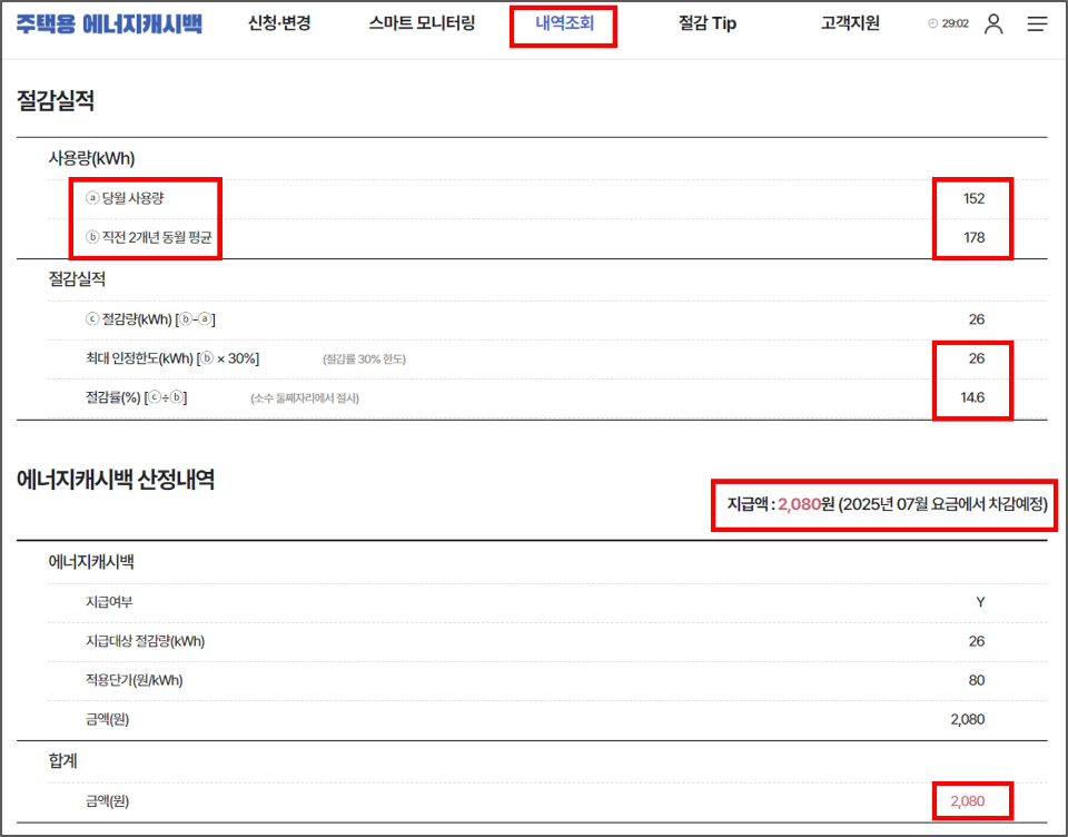 한전ON 에너지캐시백 &lsquo;내역조회&rsquo; 화면에서 실제 7월 전기요금에서 차감되는 것으로 표시된 이미지. (출처: 한전ON)