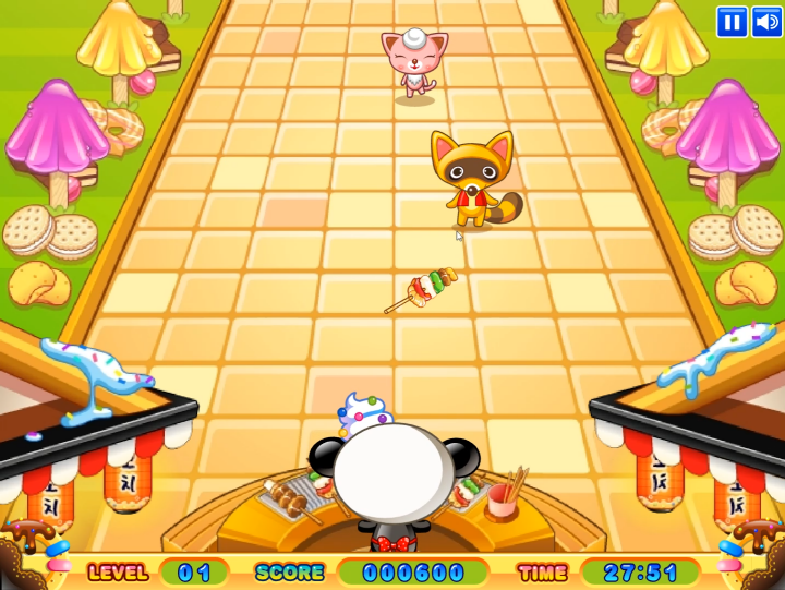 꼬치구이의-명가-플래시게임-플레이-너구리에게-줄-꼬치구이를-던지는-화면