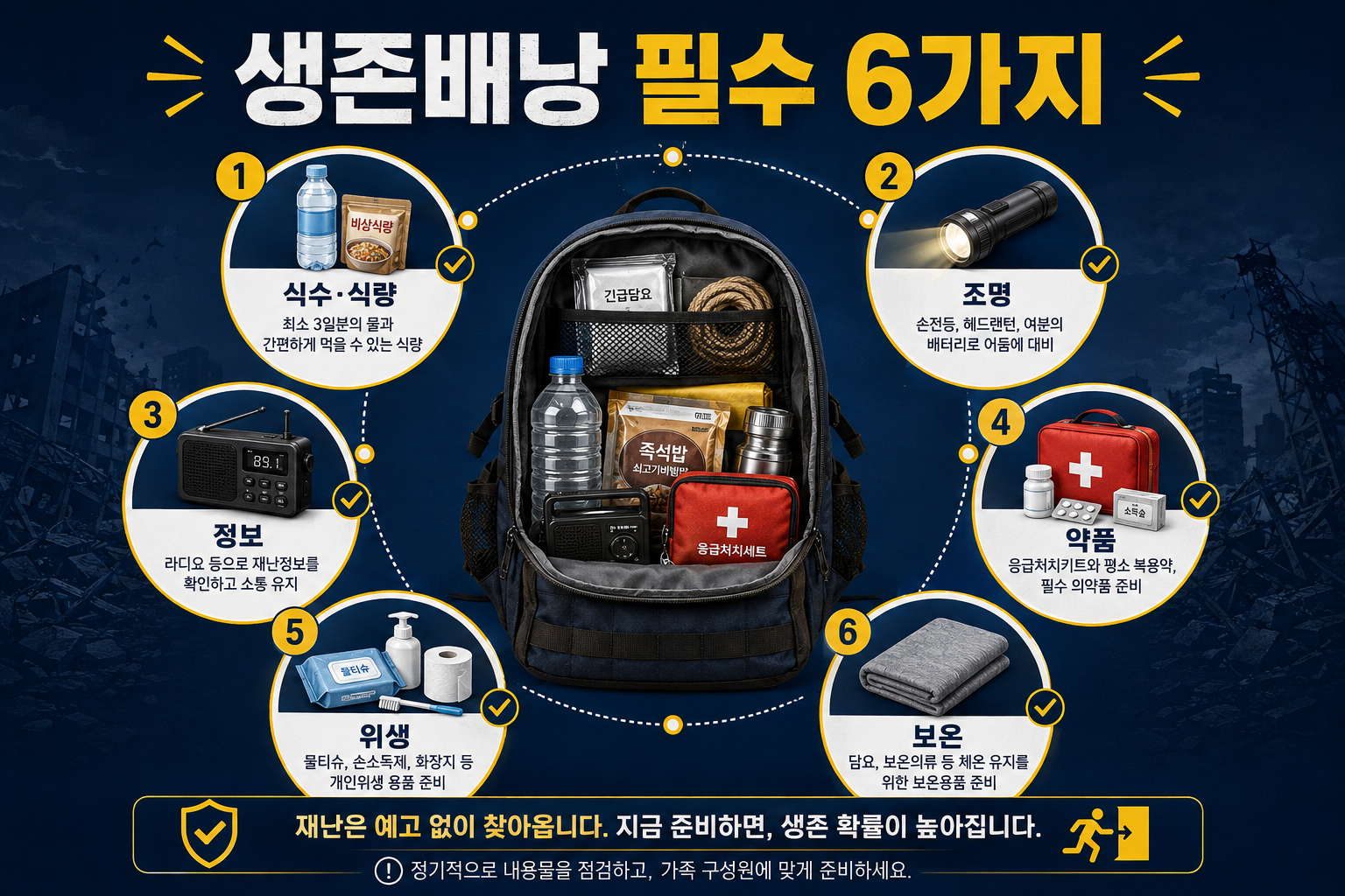 생수 간편식 손전등 상비약 라디오를 포함한 비상 생존배낭 필수 준비물