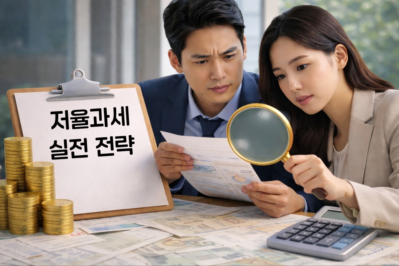 저율과세 금융상품 절세 효과를 설명하는 인포그래픽, 세율 비교 보드와 동전 더미, 계산기가 놓인 재테크 설명 이미지