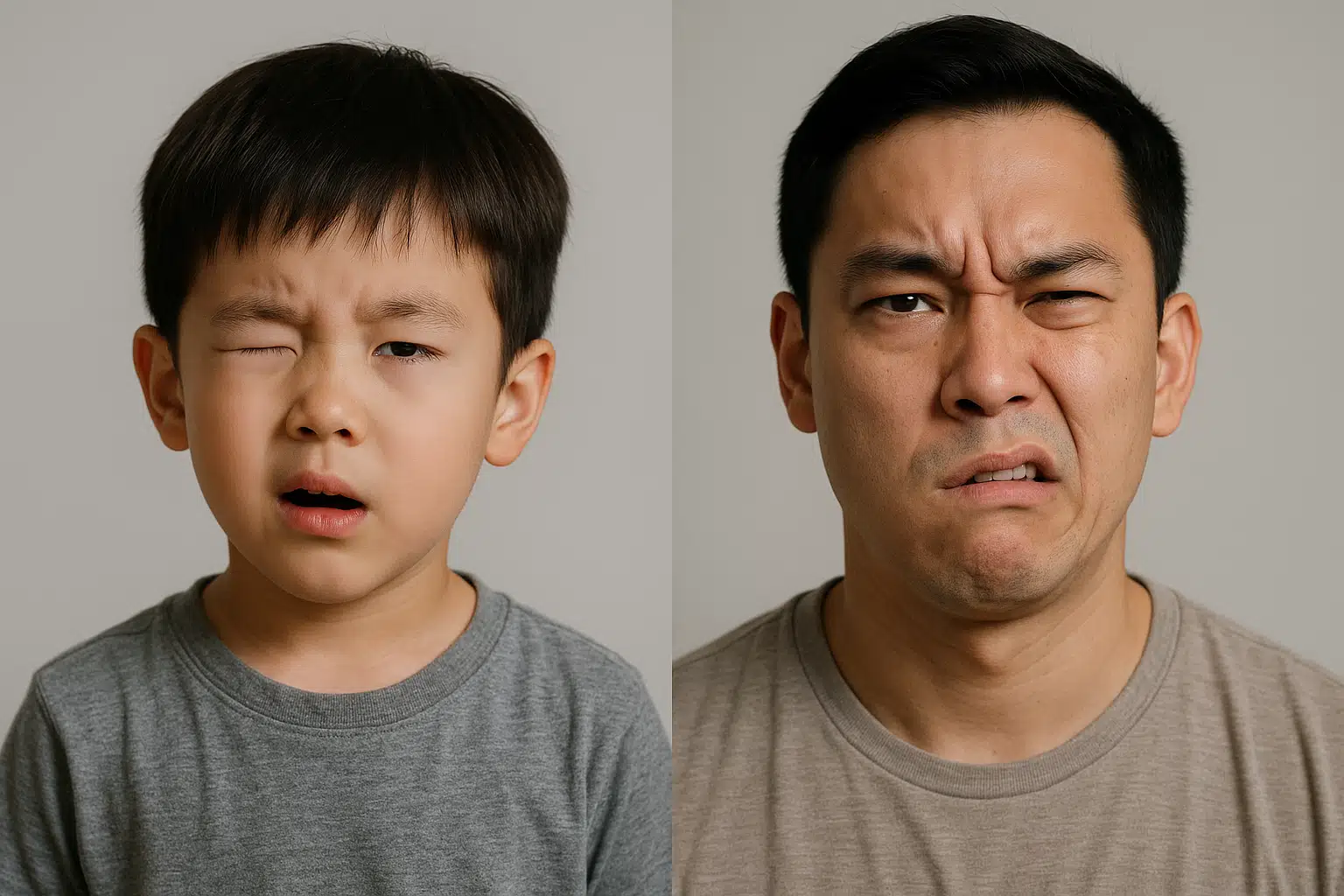 무의식적으로 눈을 빠르게 깜빡이는 아이, 한쪽 얼굴 근육이 떨리는 성인의 모습