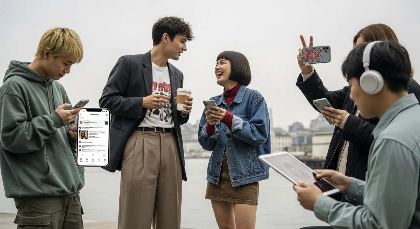 대한민국-MZ-세대들이-스마트폰과-태블릿-PC를-들고-모여-대화하는-모습