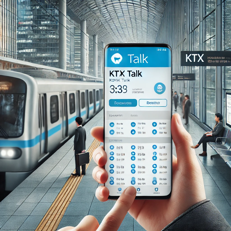 코레일톡 앱을 사용하여 KTX 열차 시간표를 확인하는 사람을 사실적으로 묘사한 이미지