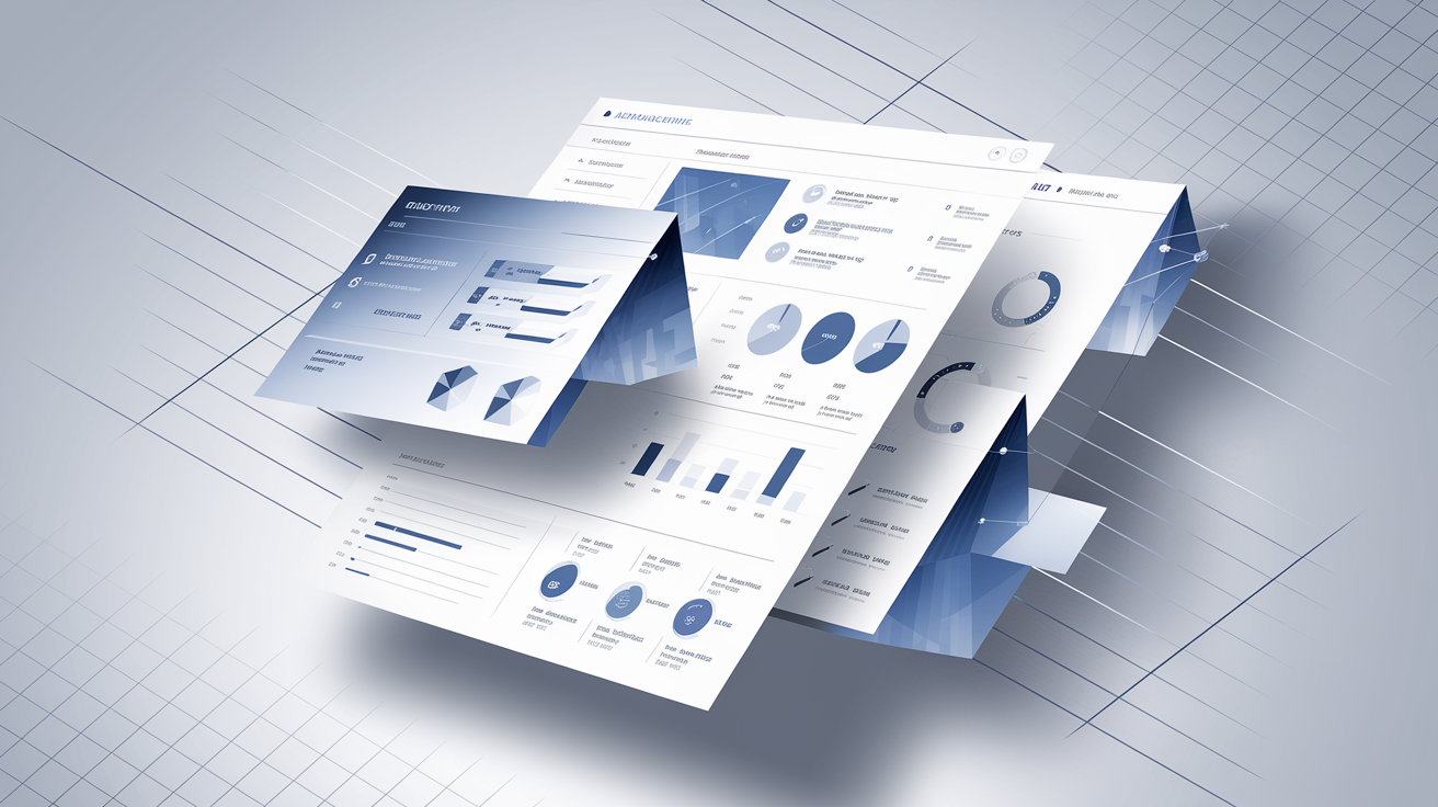 Floating business analytics dashboard panels showing various charts, graphs, and KPI metrics in a modern blue and white design