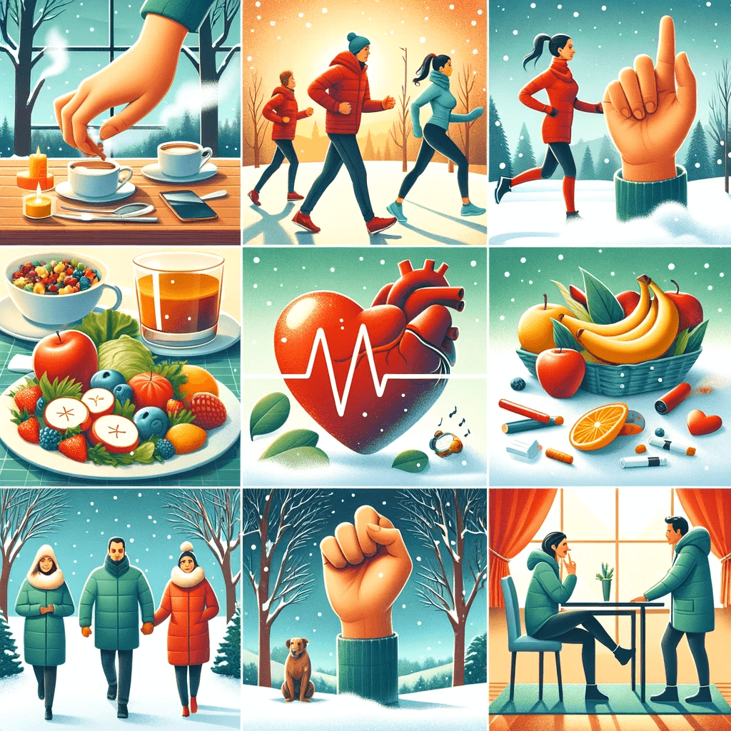 안전한 겨울 운동을 하는 사람들, 건강한 식사를 하고 있는 사람, 금연을 실천하는 모습, 그리고 스트레스 관리 활동을 하는 사람의 모습