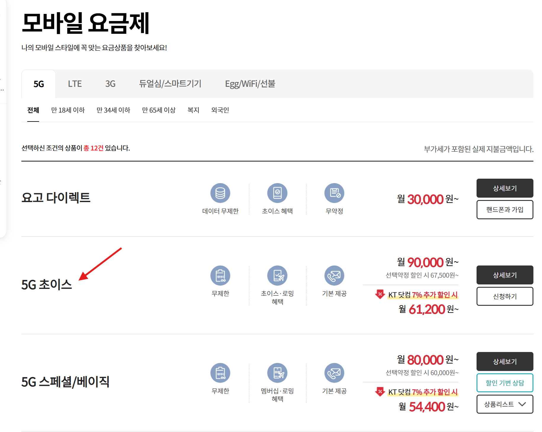 KT 5G무제한요금제, 5G초이스