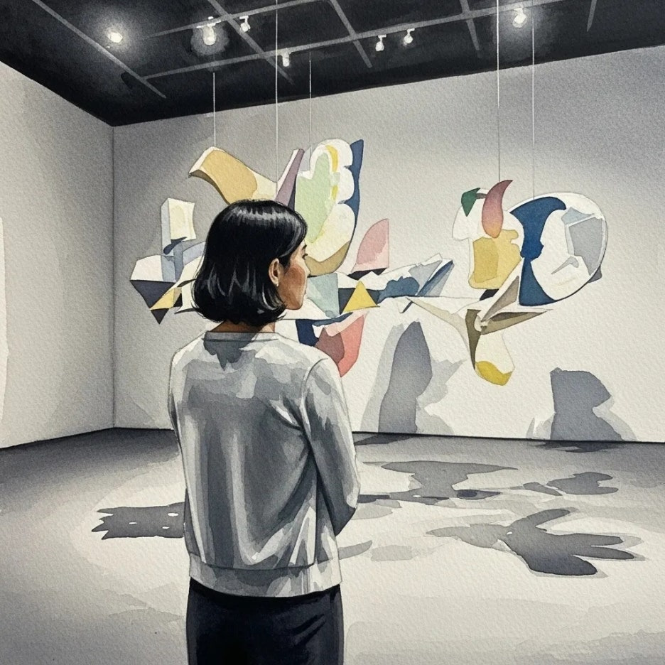 미술 작품 앞에서 깊이 생각하는 관람객