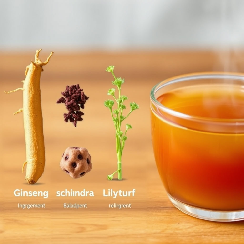 인삼, 오미자, 맥문동 세 가지 약재를 나란히 보여주고, 그 옆에 생맥산이 담긴 컵이나 전통적인 주전자 이미지를 함께 배치합니다. 각 약재의 이름을 함께 표기하여 학습적인 느낌을 더합니다.