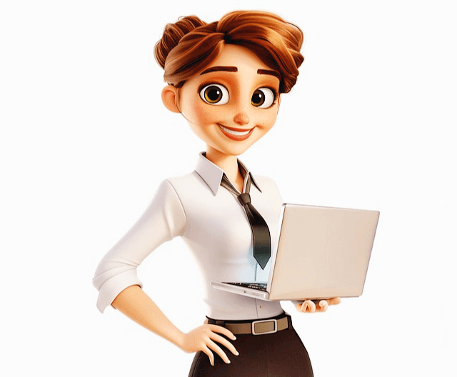 갈색 올림머리를 하고 하얀 와이셔츠와 검정 바지를 입은 여자 직원이 노트북을 들고 서 있다.