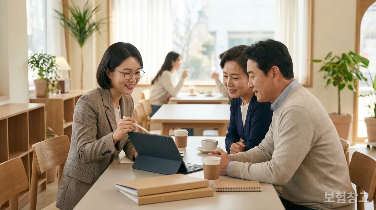 전문 설계사에게 자동차보험 상담을 받는 한국인 고객