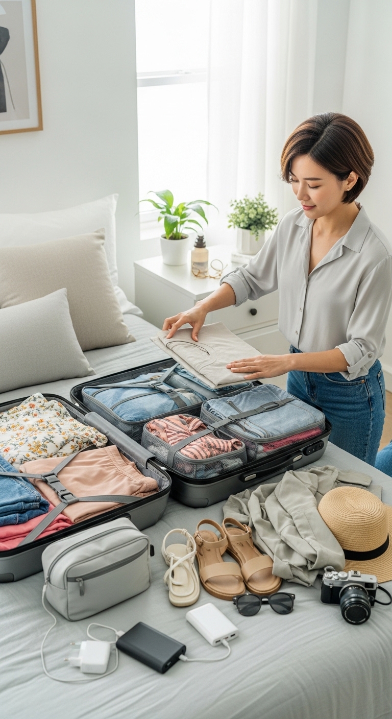 바캉스 짐을 체크리스트와 함께 정리하는 모습. 효율적인 준비 과정을 보여줌