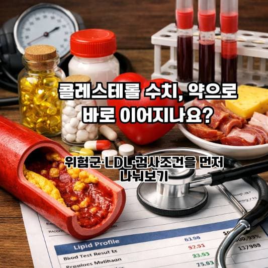 고지혈증 검사 결과를 앞에 두고 약 시작 판단 기준을 차분히 정리하는 40~60대의 일상