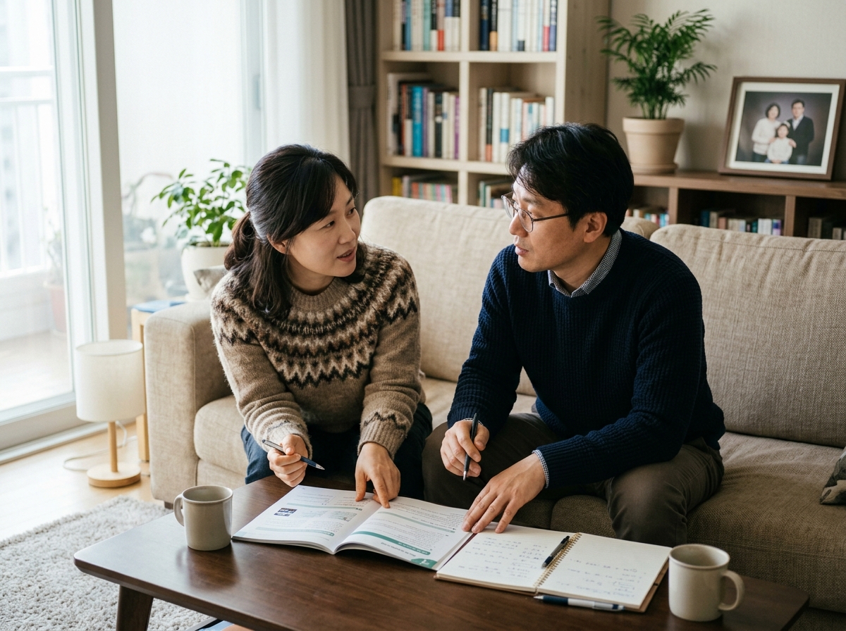 두 학부모가 자녀의 영어 학습 계획에 대해 대화하는 모습